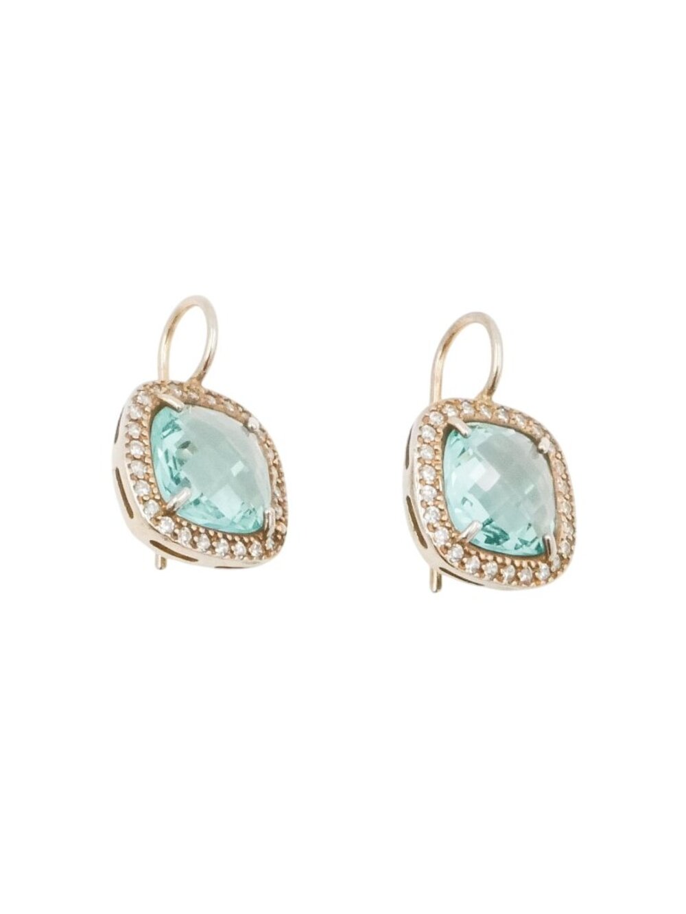 Gold Plated Sterling Blue CZ Halo Earrings 3/4" Dangle Rose Cut